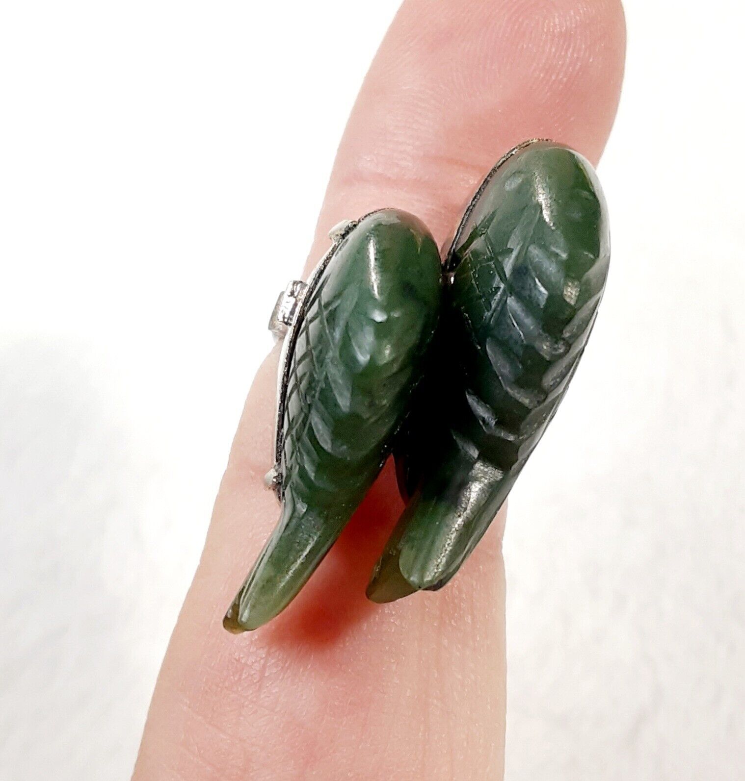 ** RARE Early 1900's Sterling Silver Nephrite Jade Koi Fish Ring **