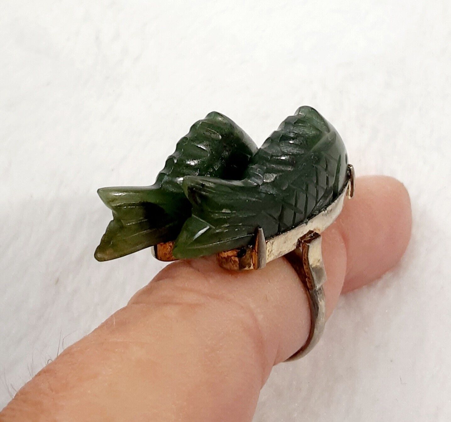 ** RARE Early 1900's Sterling Silver Nephrite Jade Koi Fish Ring **
