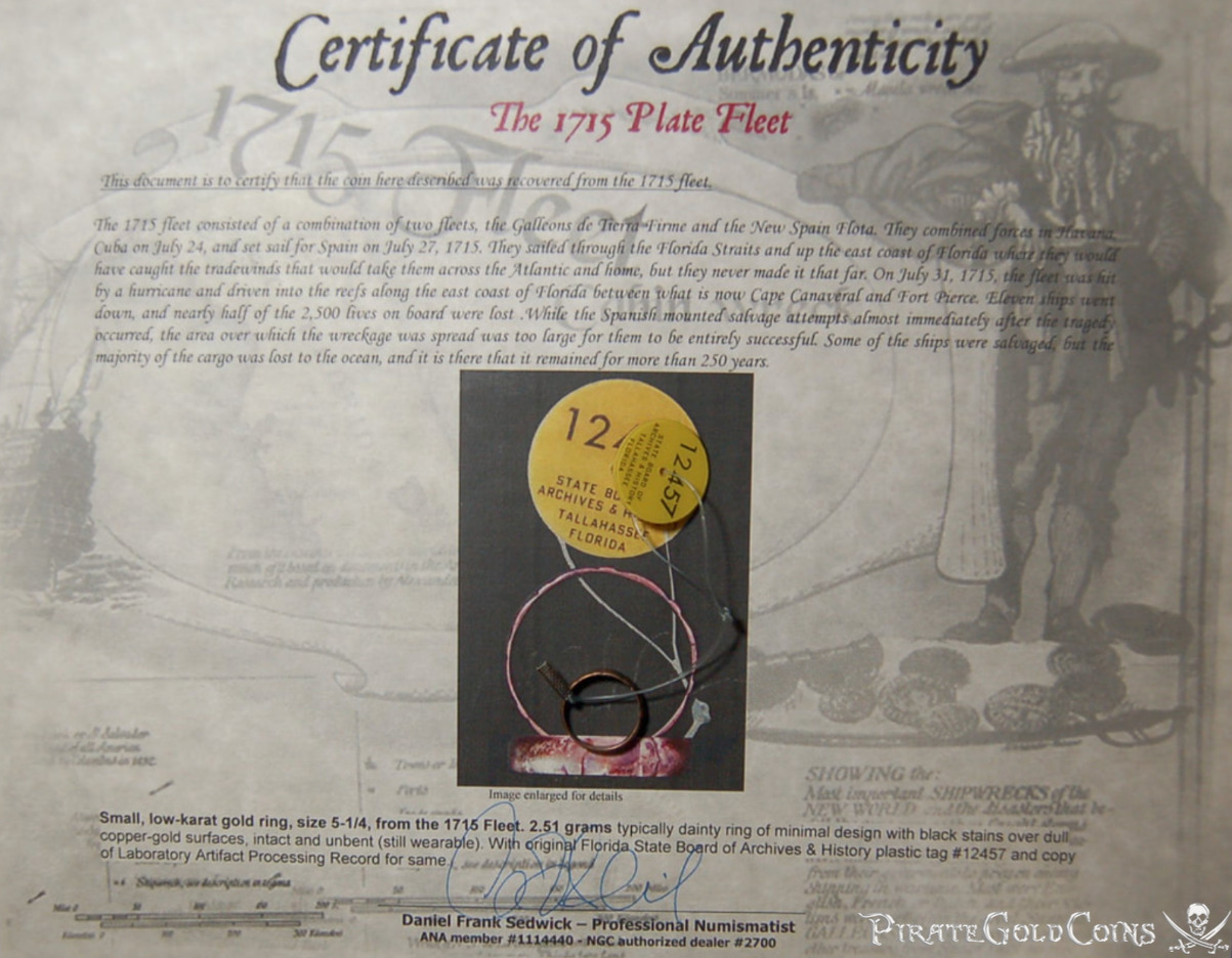 1715 FLEET RING wCOA & FL STATE TAG PIRATE GOLD COINS SHIPWRECK JEWELRY TREASURE