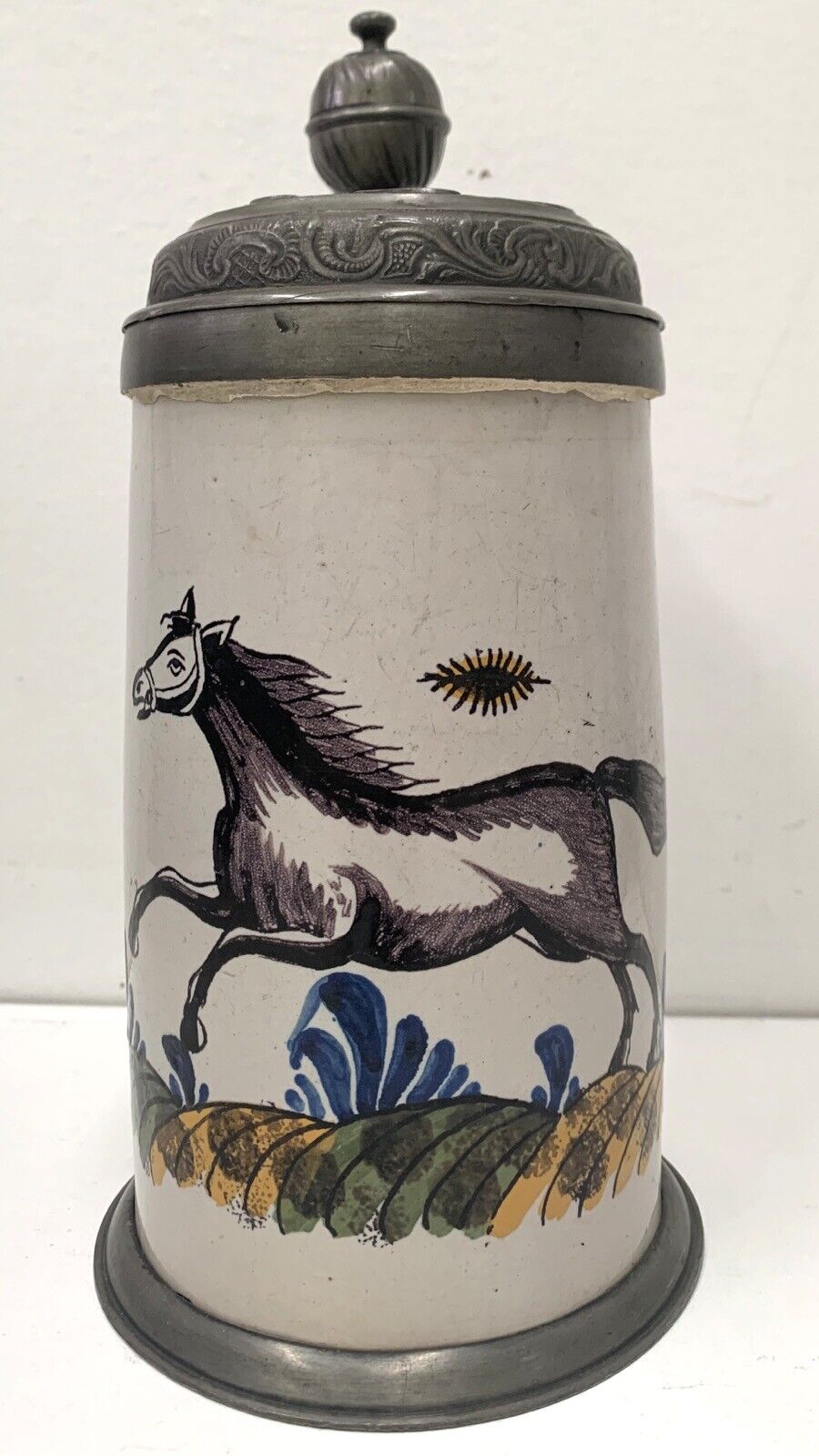Faience German Stein Painted Jumping Horse, Schrezheim, 1700s #503