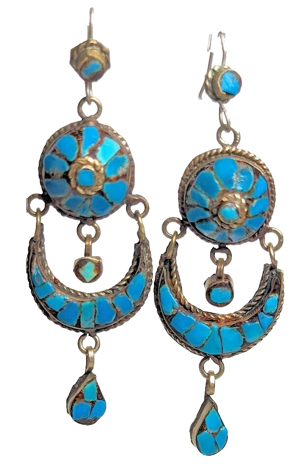 Vintage Large Tibetan Turquoise Dangle Earrings with Sterling Silver Hooks