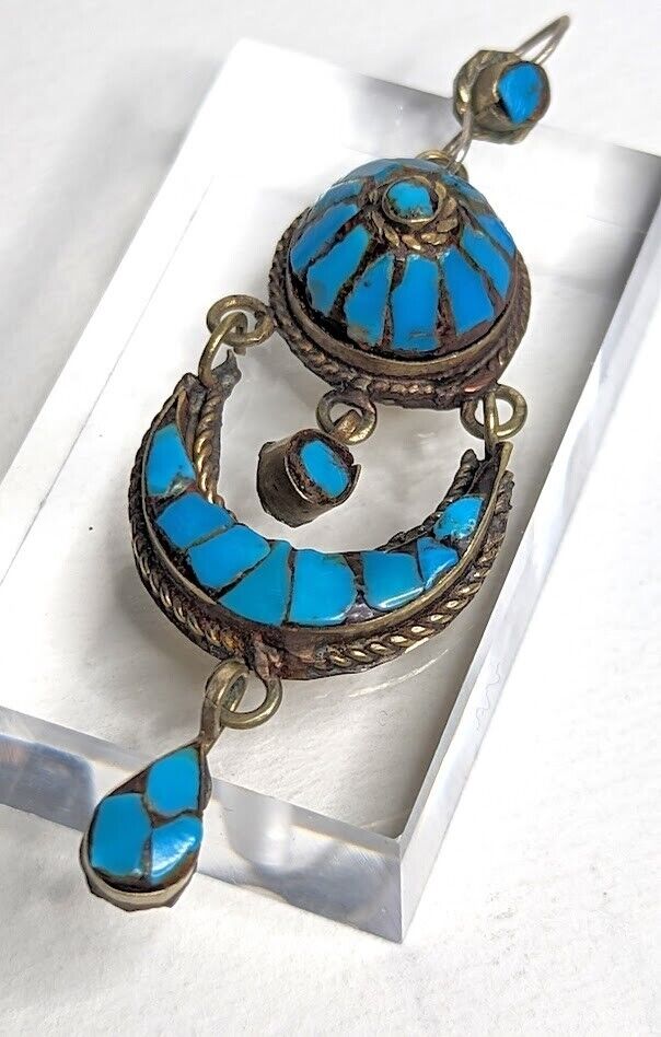Vintage Large Tibetan Turquoise Dangle Earrings with Sterling Silver Hooks