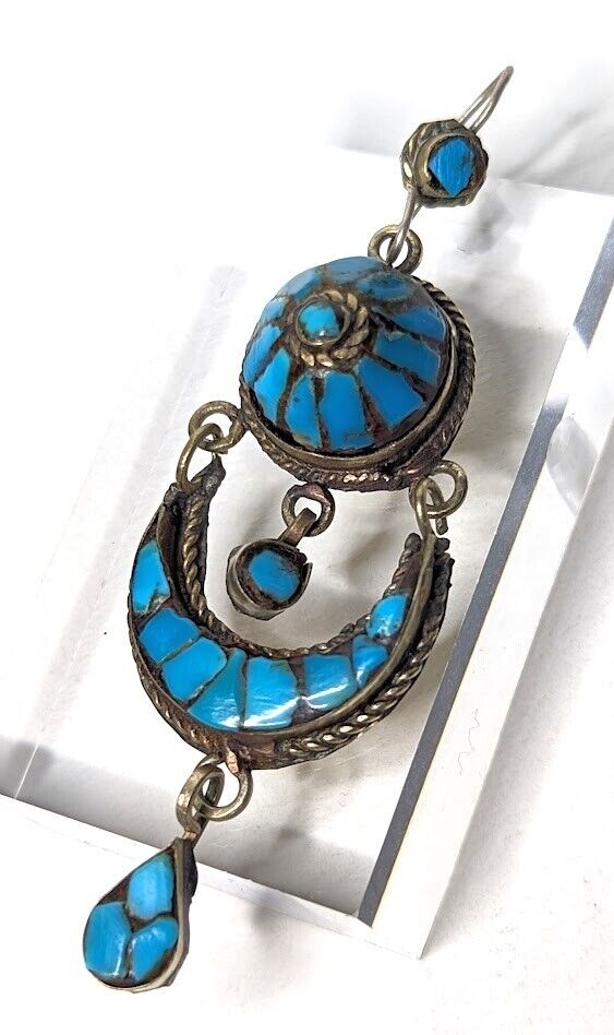 Vintage Large Tibetan Turquoise Dangle Earrings with Sterling Silver Hooks