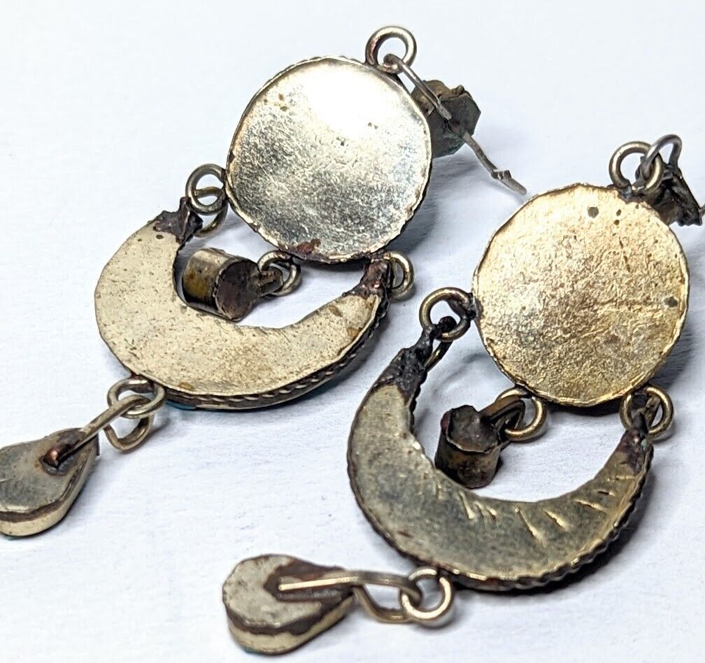 Vintage Large Tibetan Turquoise Dangle Earrings with Sterling Silver Hooks