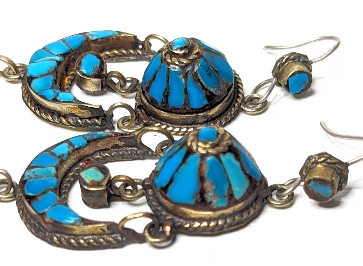 Vintage Large Tibetan Turquoise Dangle Earrings with Sterling Silver Hooks