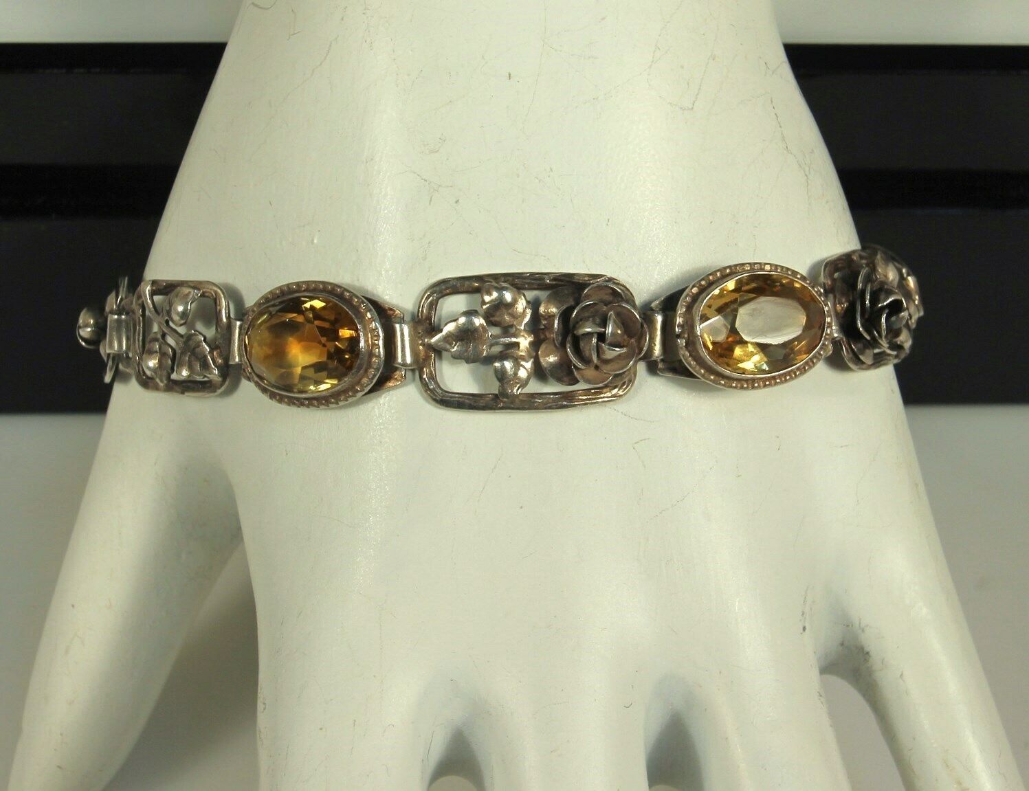 ART NOUVEAU Bracelet 1900s Germany STERLING CITRINE Gemstones 7" Adjustable FAB