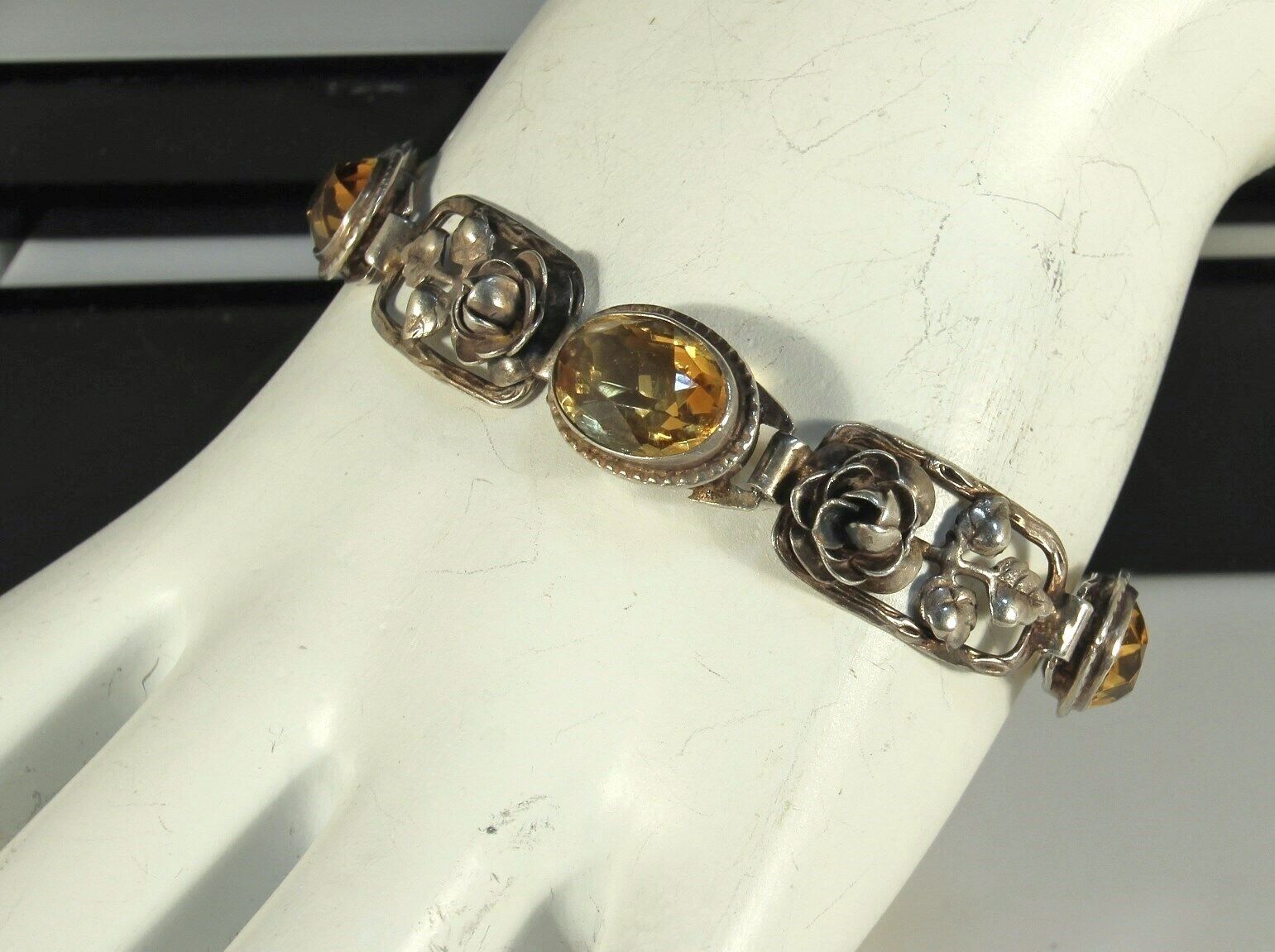 ART NOUVEAU Bracelet 1900s Germany STERLING CITRINE Gemstones 7" Adjustable FAB