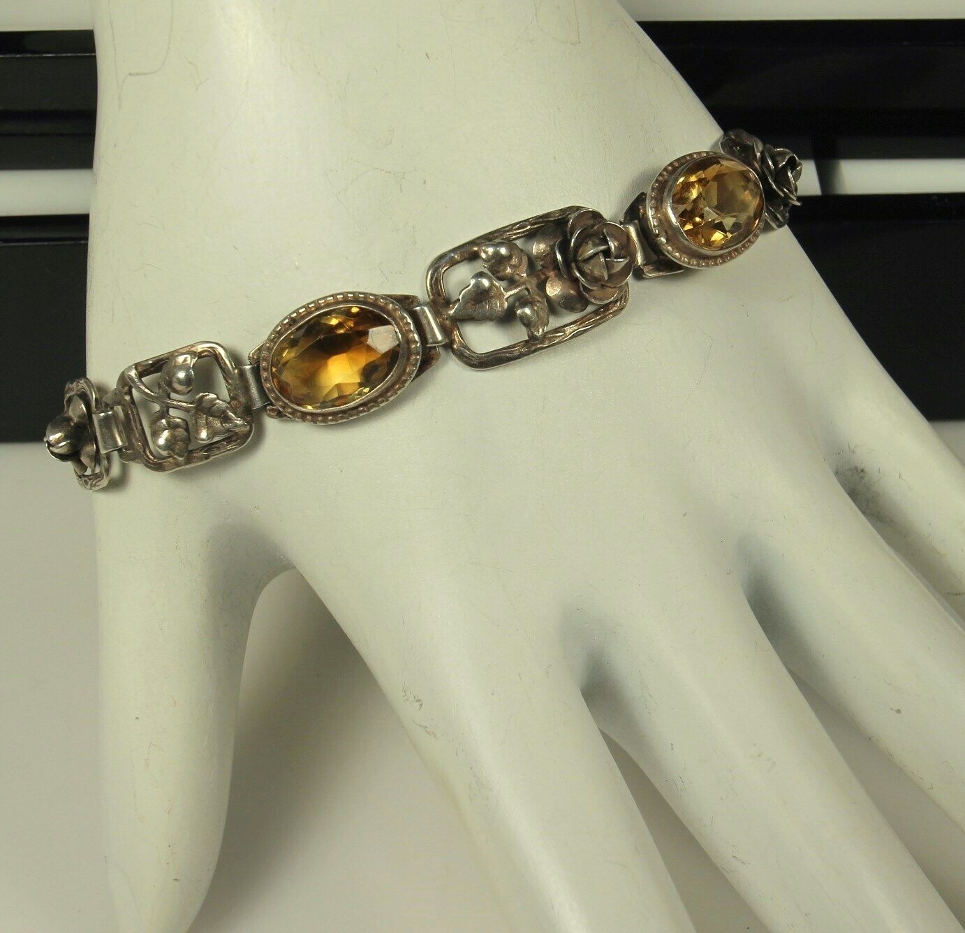 ART NOUVEAU Bracelet 1900s Germany STERLING CITRINE Gemstones 7" Adjustable FAB
