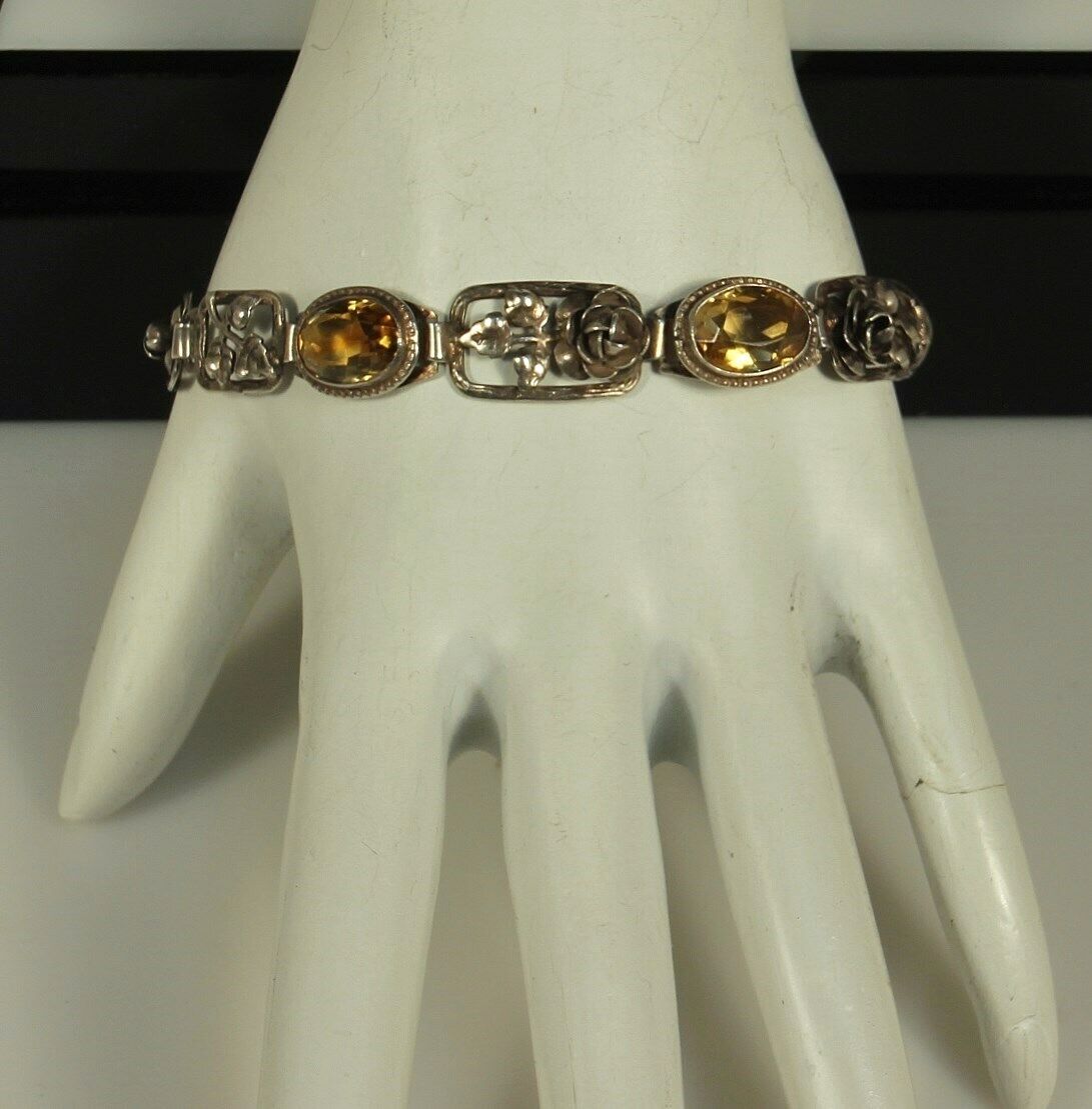 ART NOUVEAU Bracelet 1900s Germany STERLING CITRINE Gemstones 7" Adjustable FAB