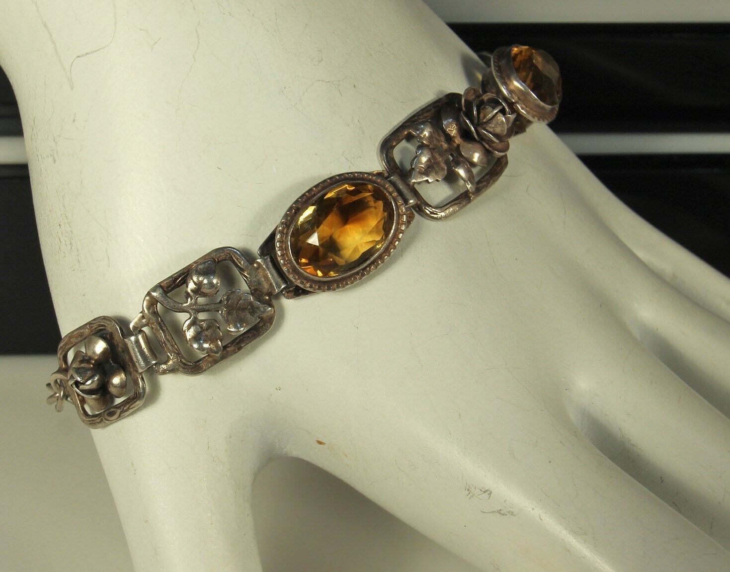 ART NOUVEAU Bracelet 1900s Germany STERLING CITRINE Gemstones 7" Adjustable FAB
