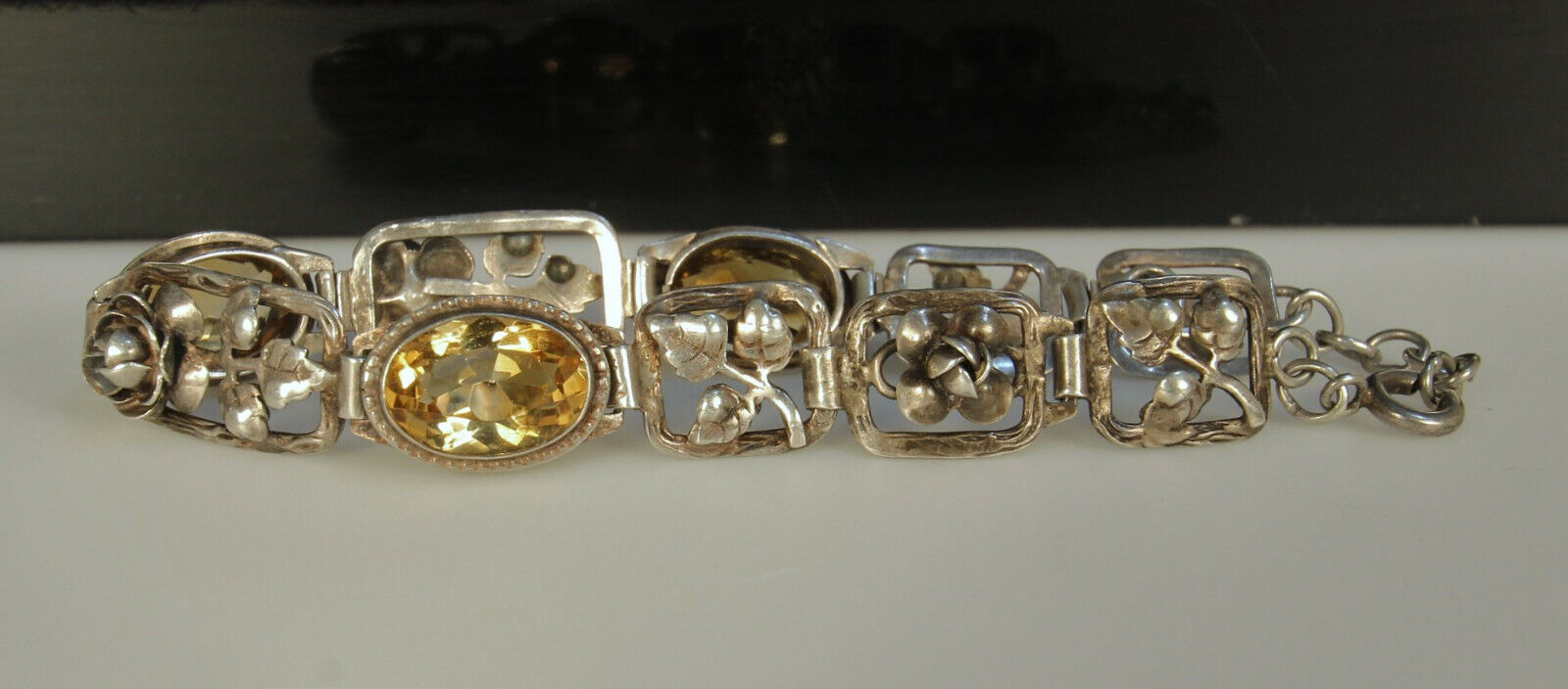 ART NOUVEAU Bracelet 1900s Germany STERLING CITRINE Gemstones 7" Adjustable FAB