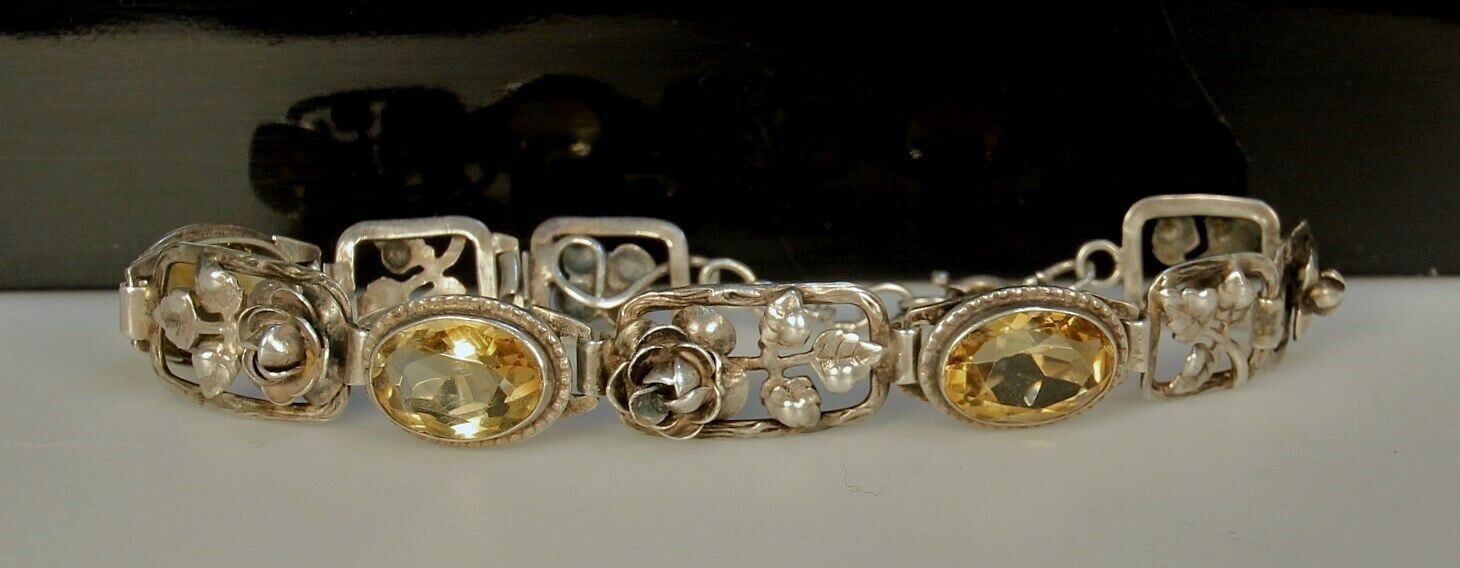 ART NOUVEAU Bracelet 1900s Germany STERLING CITRINE Gemstones 7" Adjustable FAB