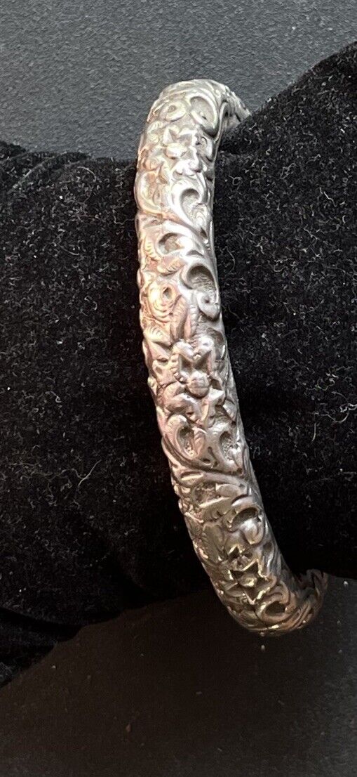 Antique Victorian Repousse Sterling Silver Bracelet Bangle 1800 1900 ‘s Rare