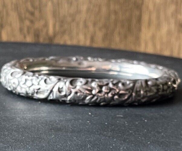 Antique Victorian Repousse Sterling Silver Bracelet Bangle 1800 1900 ‘s Rare