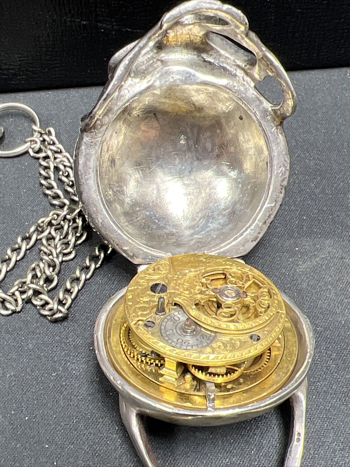 1700s George Lindsey Chain Driven Sterling Silver Skull Case & Dial Pocket Watch