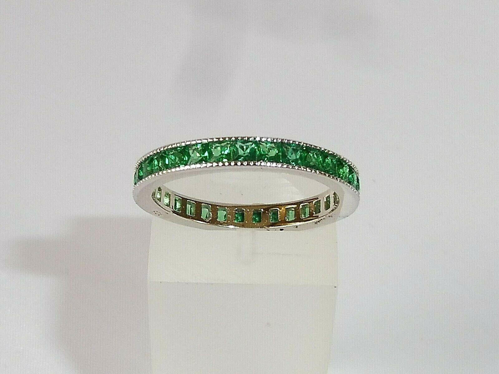 Antique Circa 1900's Channel Set Band 14K White Gold Over 2 Ct Simulated Emerald
