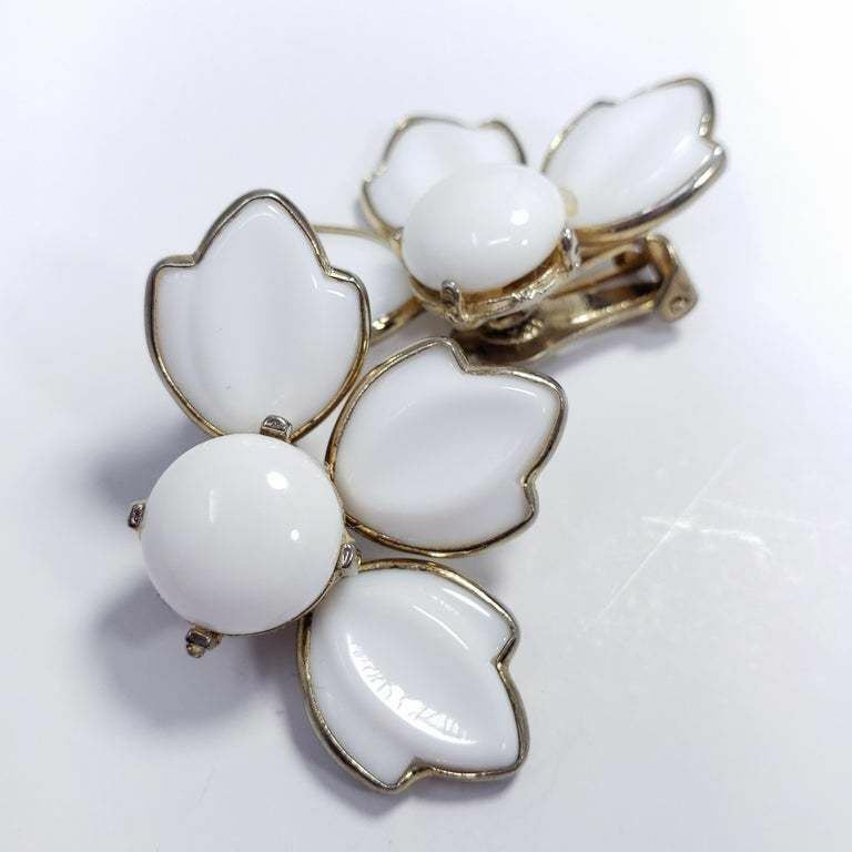 White Carved Glass Petal Clip on Earrings in Gold, Mid 1900s