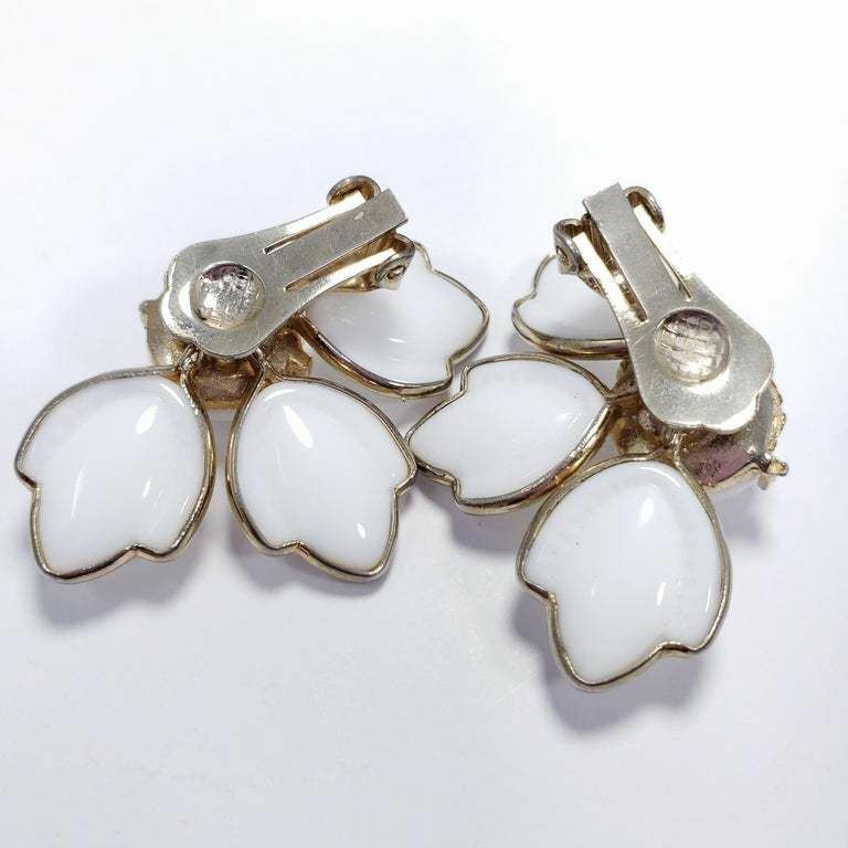 White Carved Glass Petal Clip on Earrings in Gold, Mid 1900s