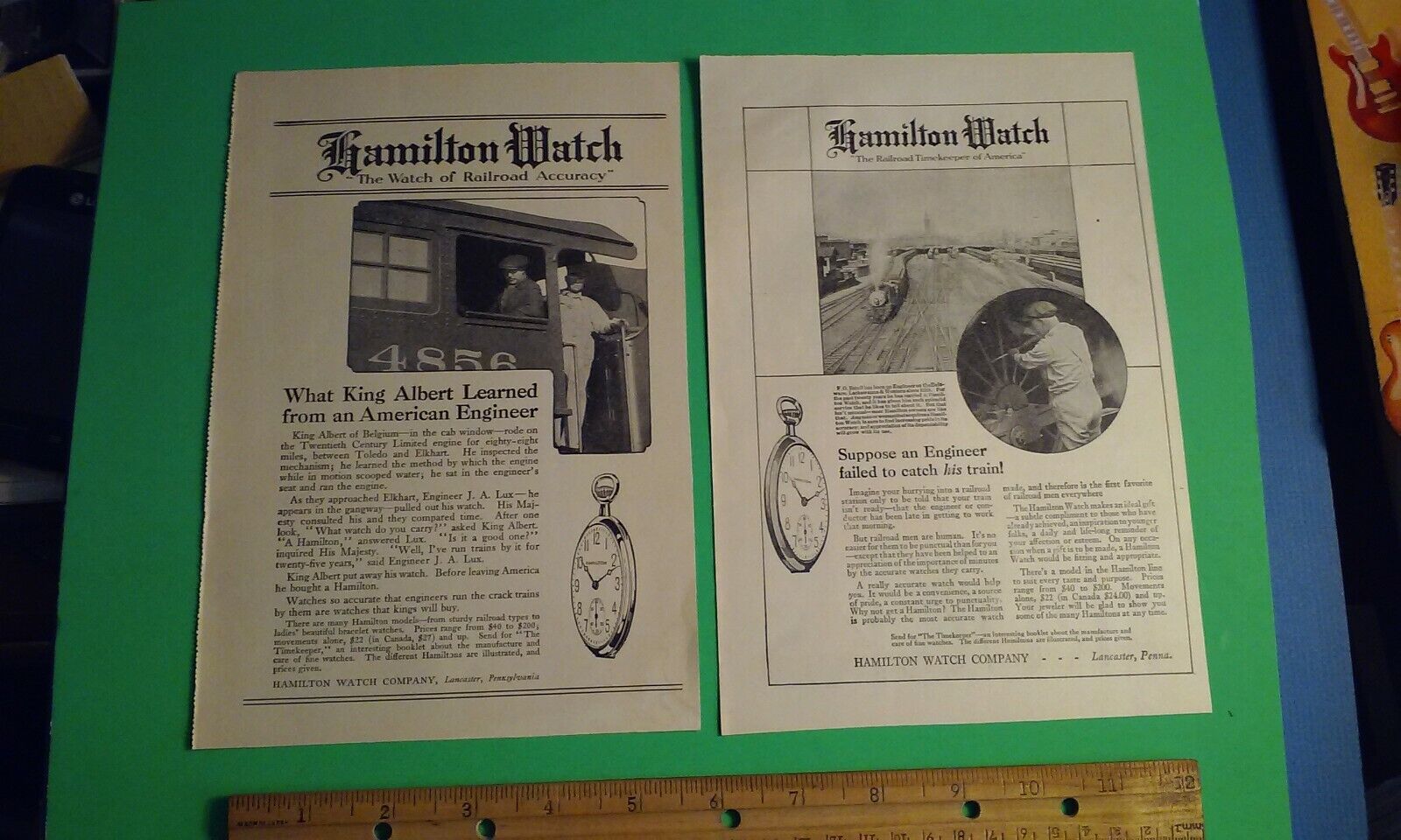 HAMILTON WATCHES "The Watch of Railroad Accuracy" early 1900's Original Mag Ads