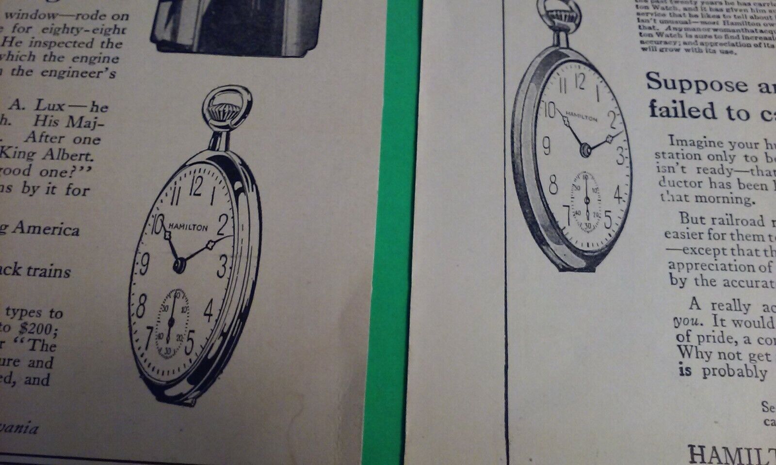 HAMILTON WATCHES "The Watch of Railroad Accuracy" early 1900's Original Mag Ads