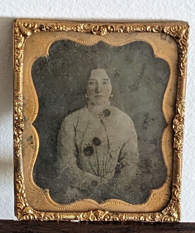 Vintage 1800's AMBROTYPE Photo Woman with Red Cheeks Earrings Original 1/6 plate