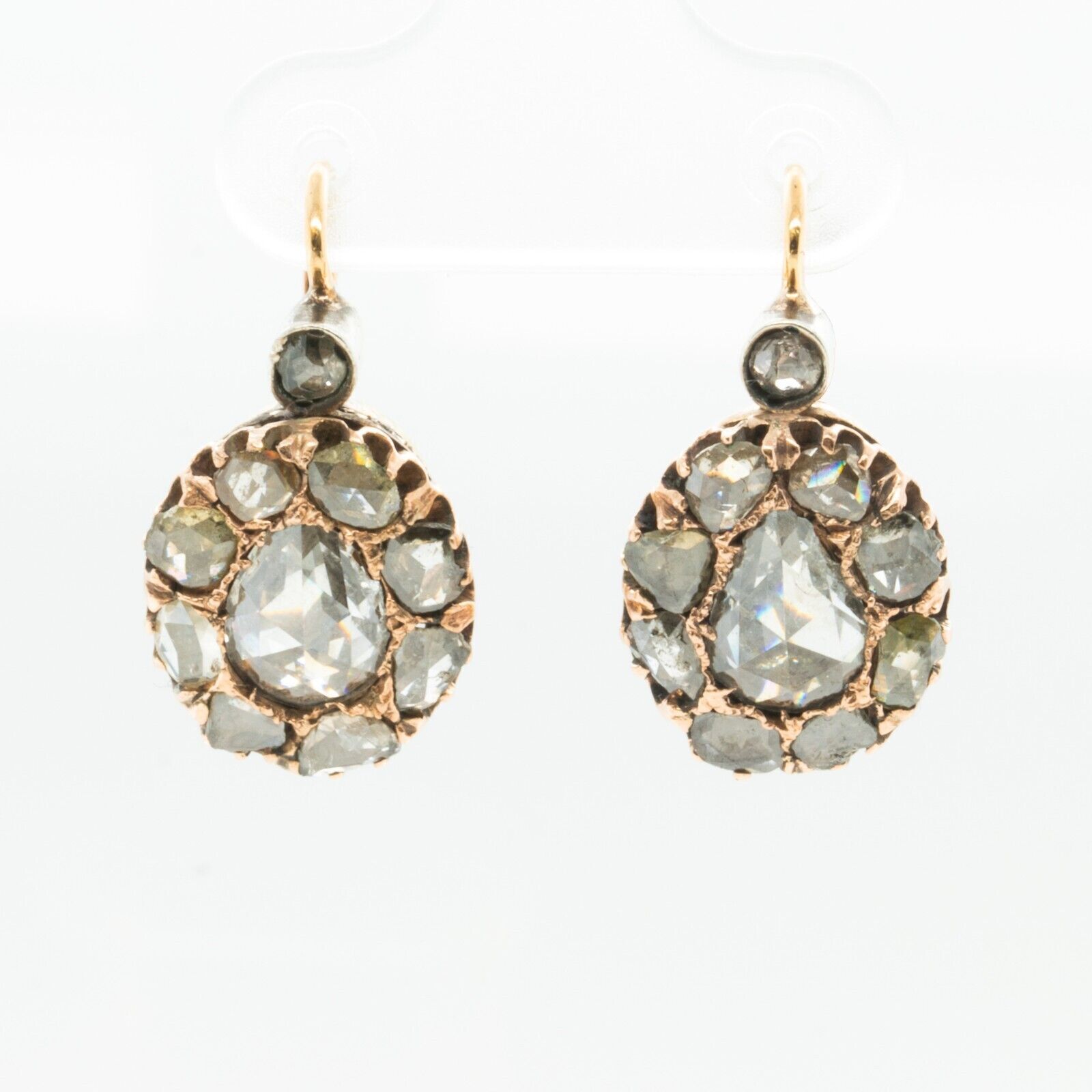 Antique 1800s 9k Yellow White & Rose Gold Rose Cut Diamond Cluster Earrings 3ctw