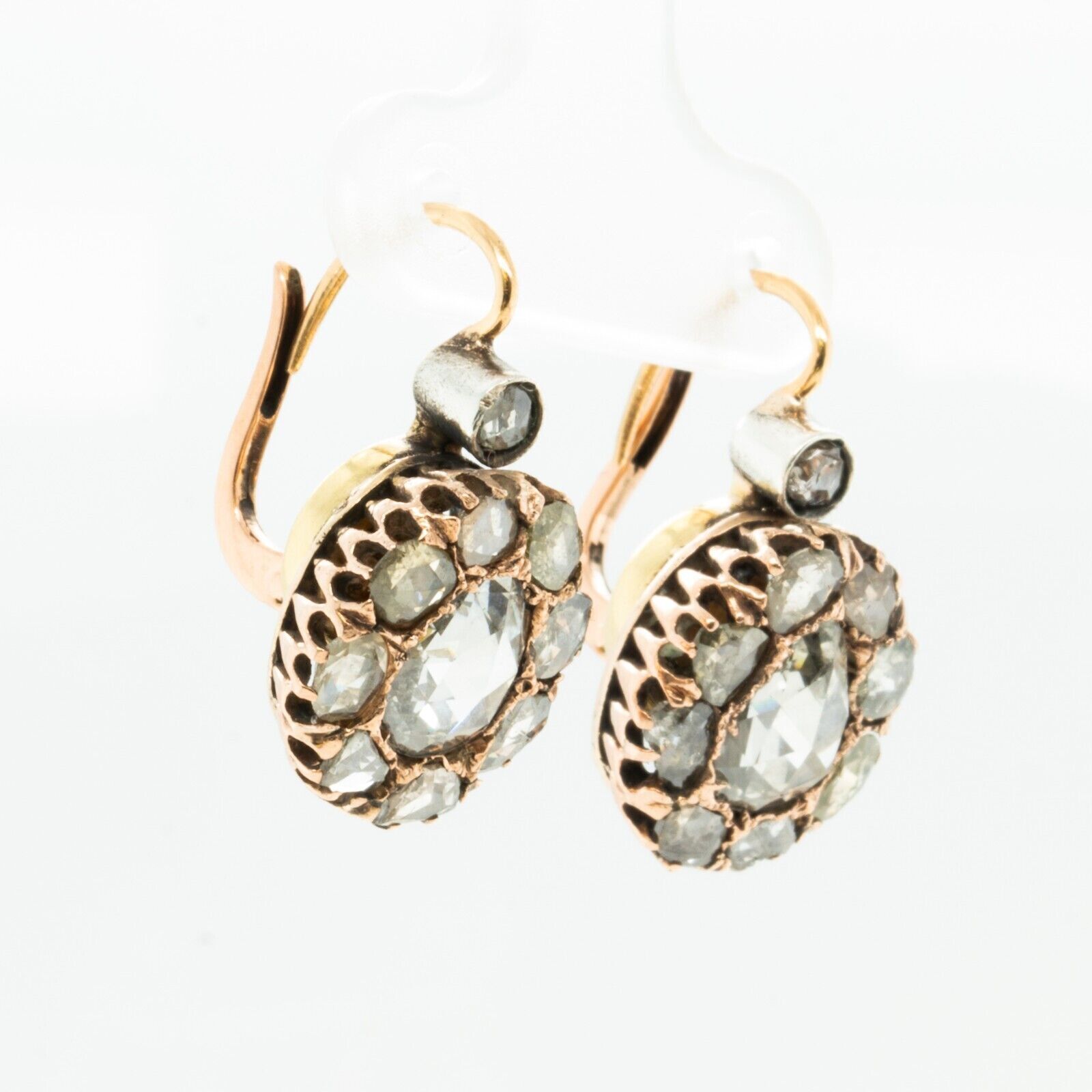 Antique 1800s 9k Yellow White & Rose Gold Rose Cut Diamond Cluster Earrings 3ctw