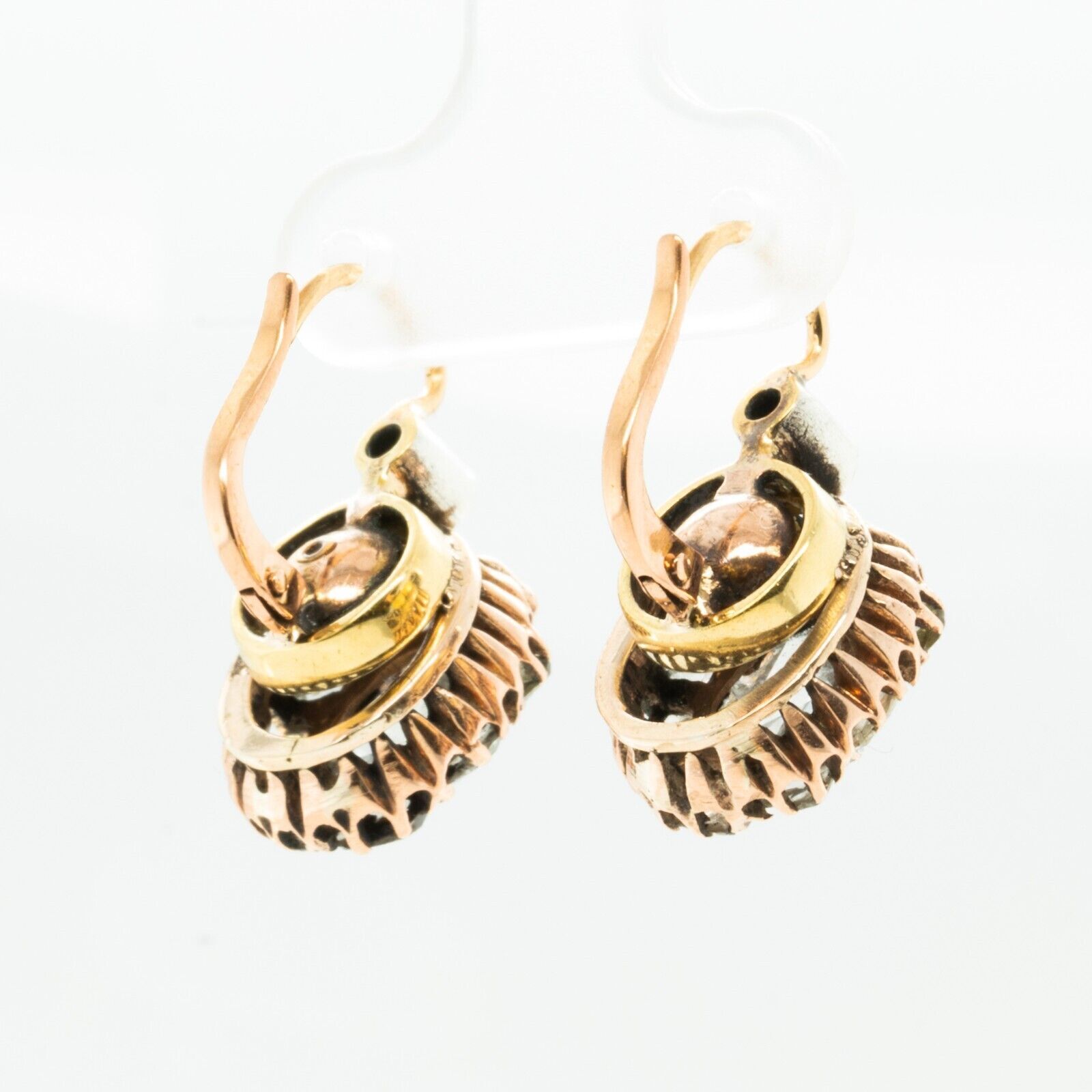 Antique 1800s 9k Yellow White & Rose Gold Rose Cut Diamond Cluster Earrings 3ctw