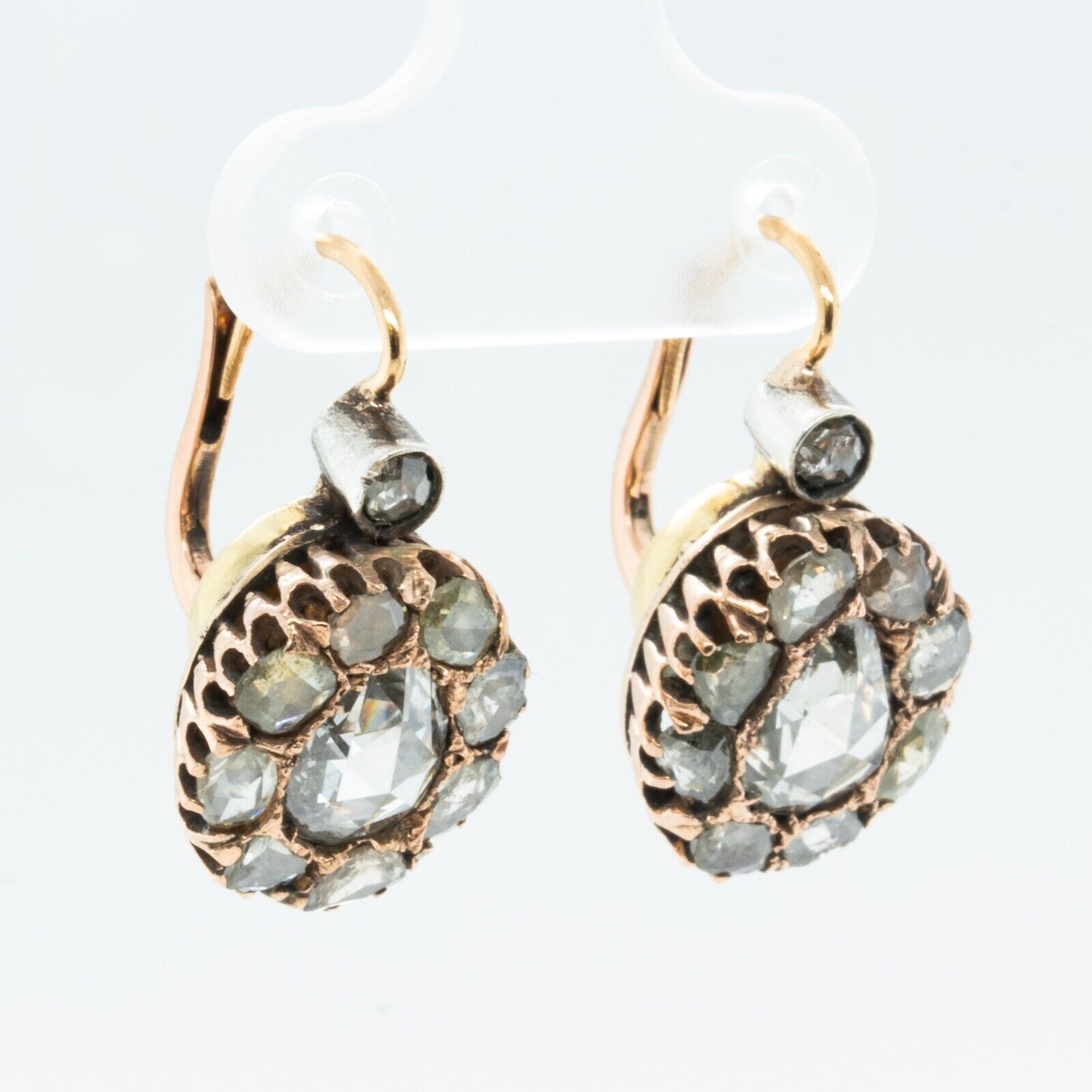 Antique 1800s 9k Yellow White & Rose Gold Rose Cut Diamond Cluster Earrings 3ctw