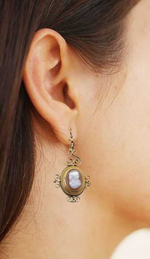 Antique mid 1800s Hard Stone Cameo 14k Gold Victorian Dangling Earrings