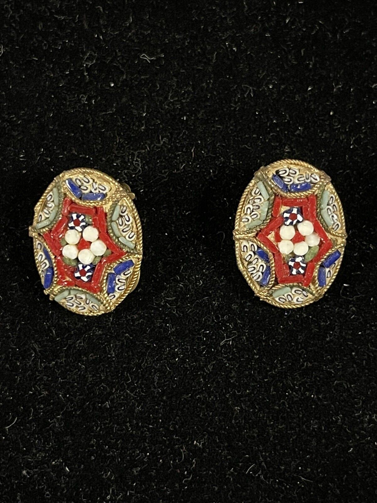 Vintage Italian Micro Mosaic Clip On Button Earrings in Brass Tone 1900s
