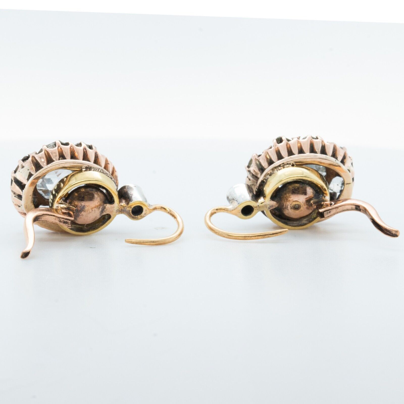 Antique 1800s 9k Yellow White & Rose Gold Rose Cut Diamond Cluster Earrings 3ctw
