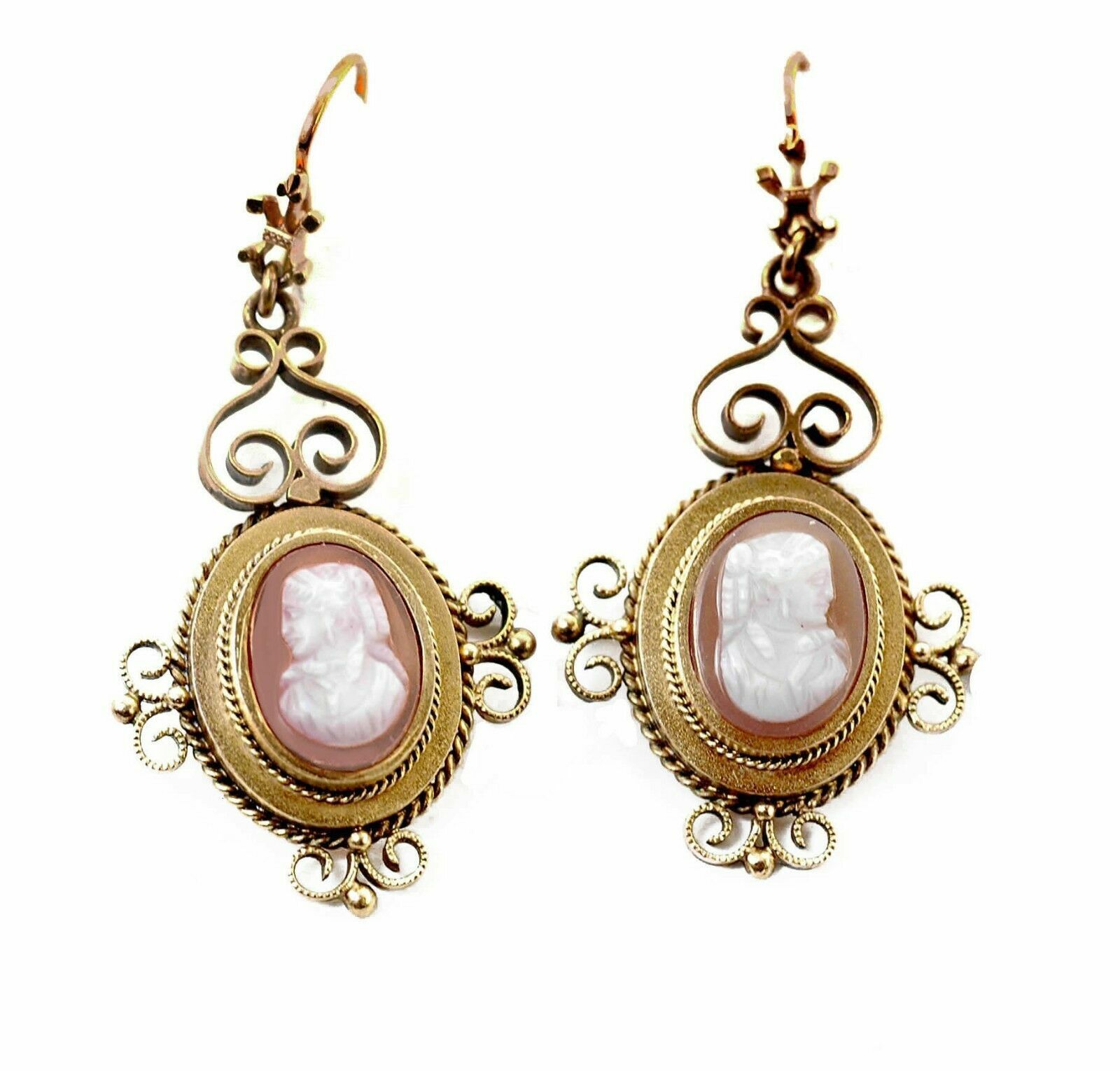 Antique mid 1800s Hard Stone Cameo 14k Gold Victorian Dangling Earrings