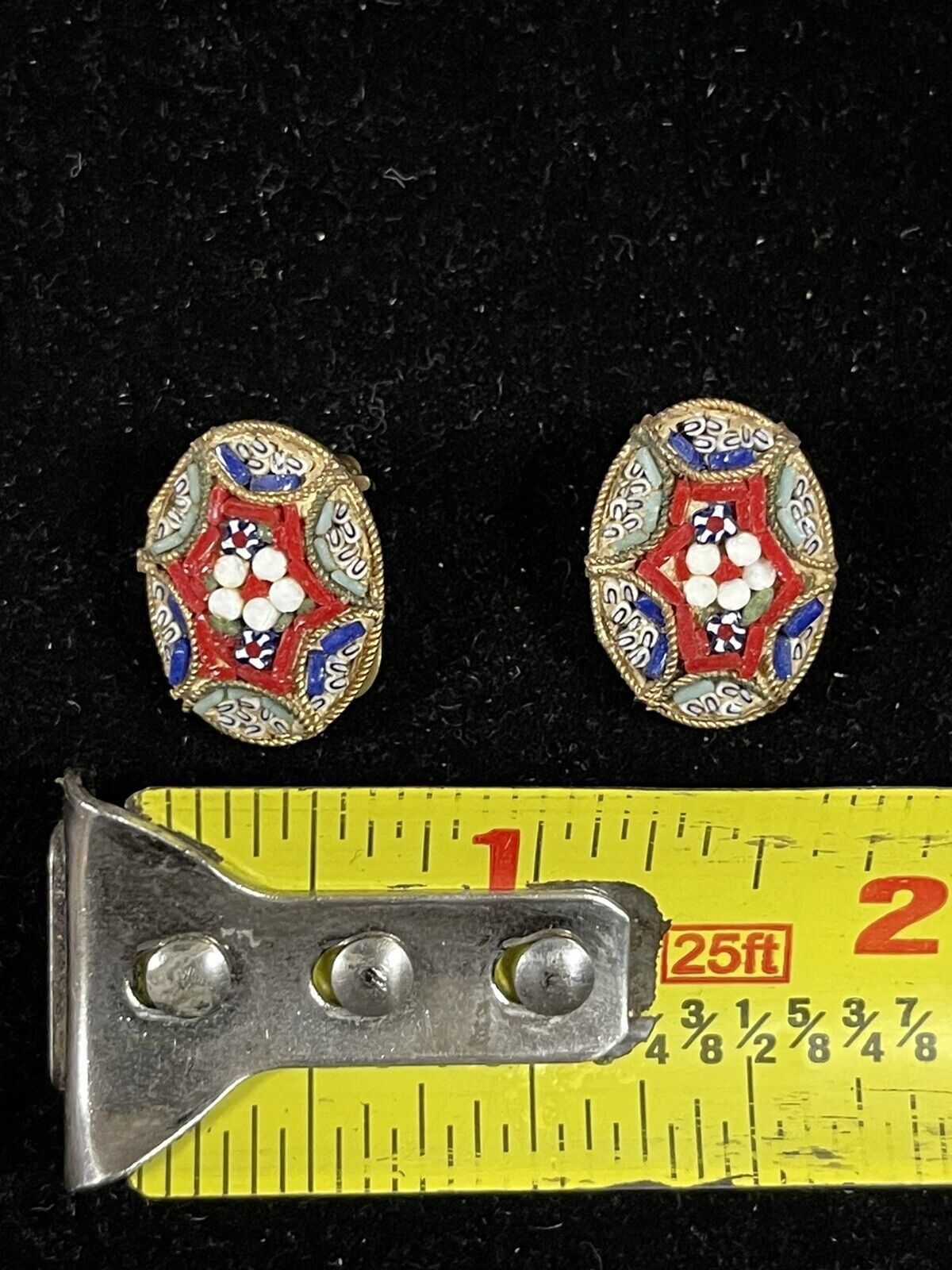 Vintage Italian Micro Mosaic Clip On Button Earrings in Brass Tone 1900s