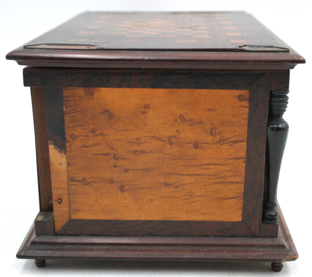 Antique 1800s 5X6X8" Veneered Burled Fancy Wood Box Jewelry Valuables Lockable