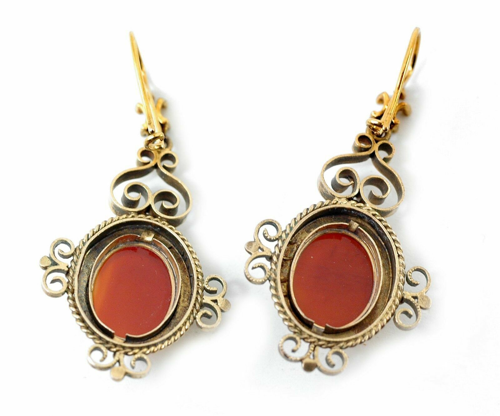 Antique mid 1800s Hard Stone Cameo 14k Gold Victorian Dangling Earrings