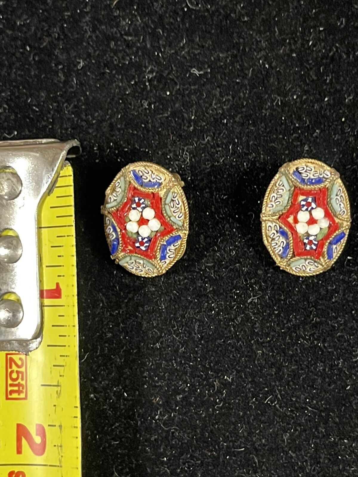 Vintage Italian Micro Mosaic Clip On Button Earrings in Brass Tone 1900s
