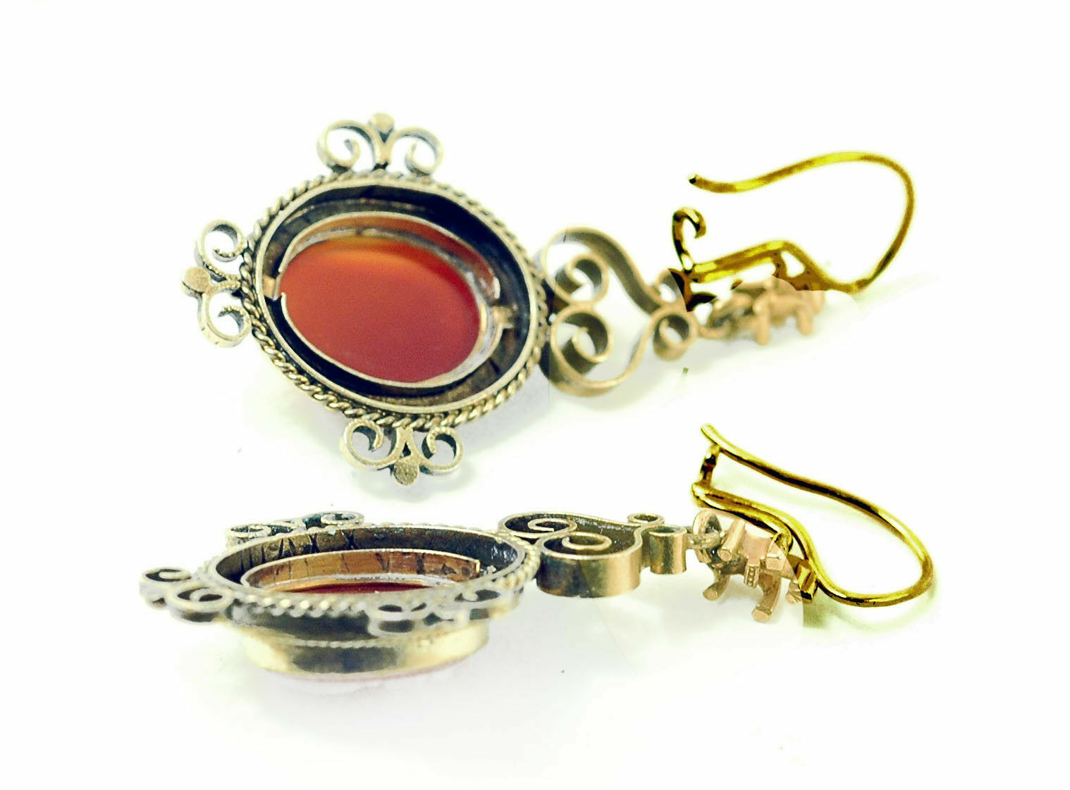 Antique mid 1800s Hard Stone Cameo 14k Gold Victorian Dangling Earrings