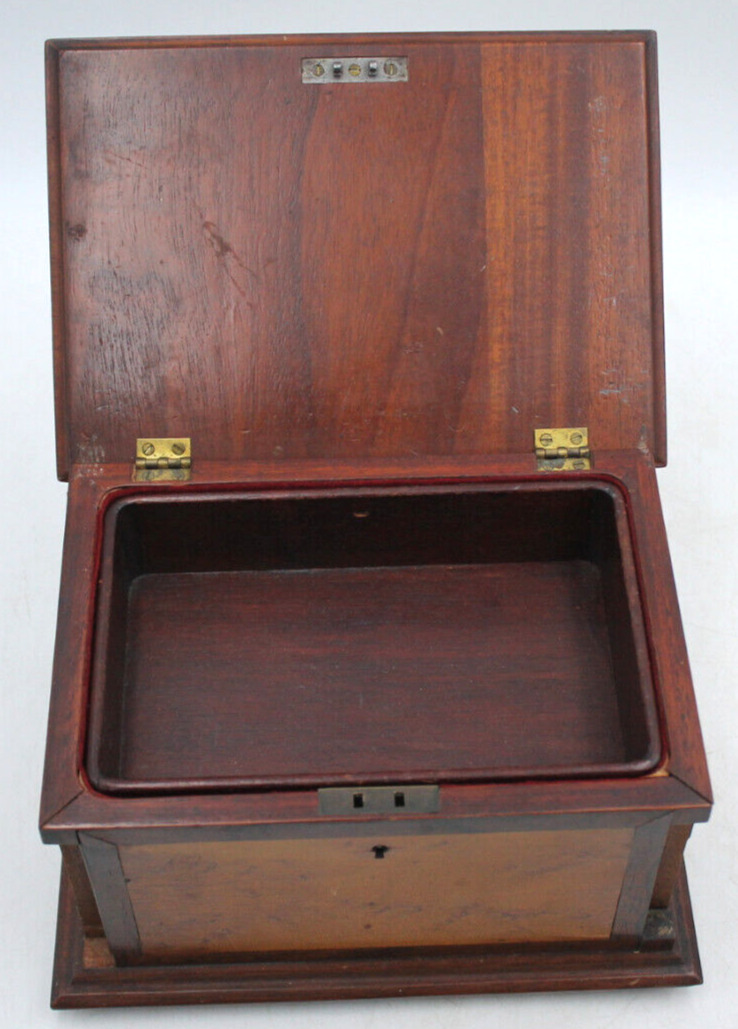Antique 1800s 5X6X8" Veneered Burled Fancy Wood Box Jewelry Valuables Lockable