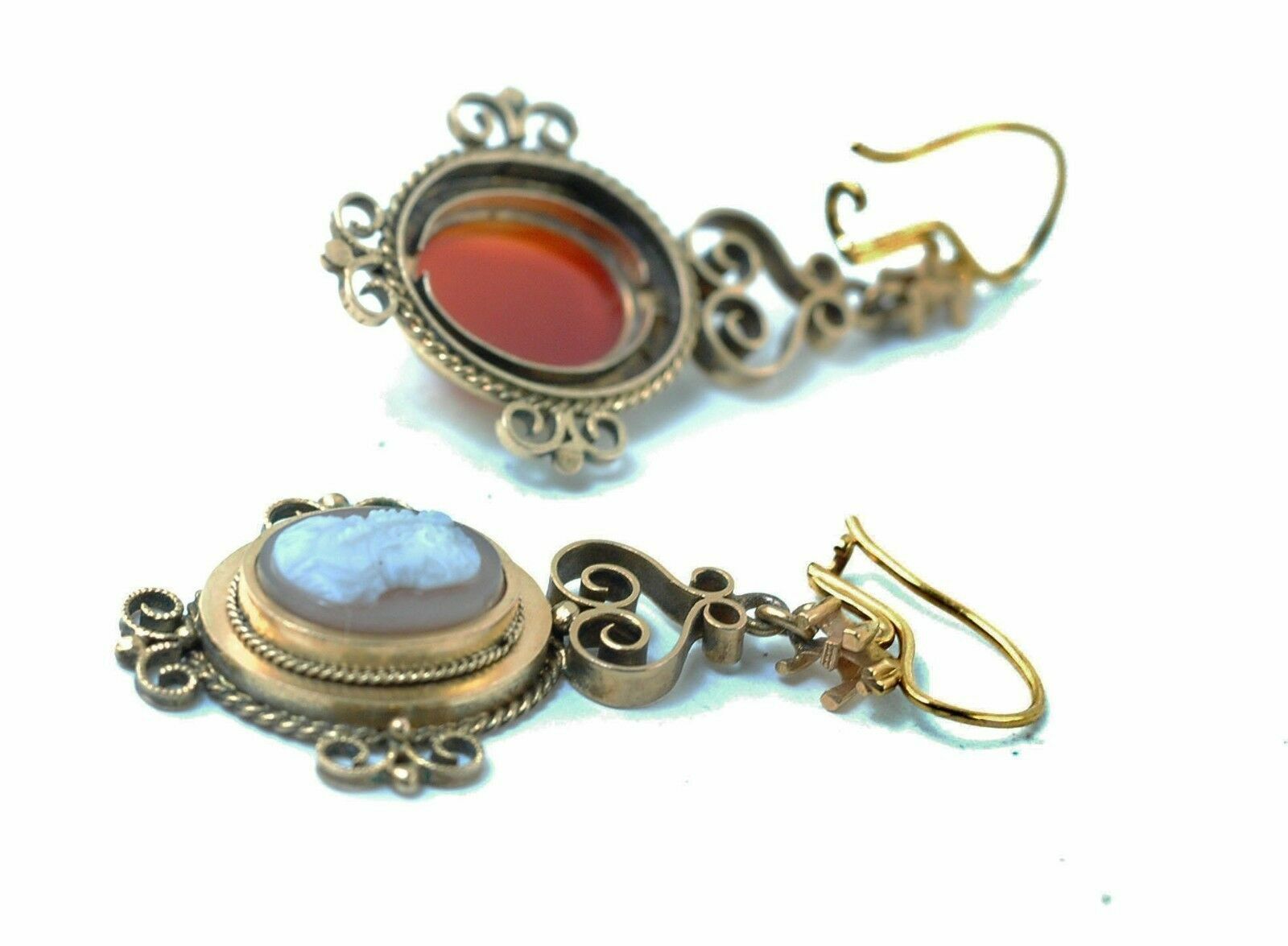 Antique mid 1800s Hard Stone Cameo 14k Gold Victorian Dangling Earrings