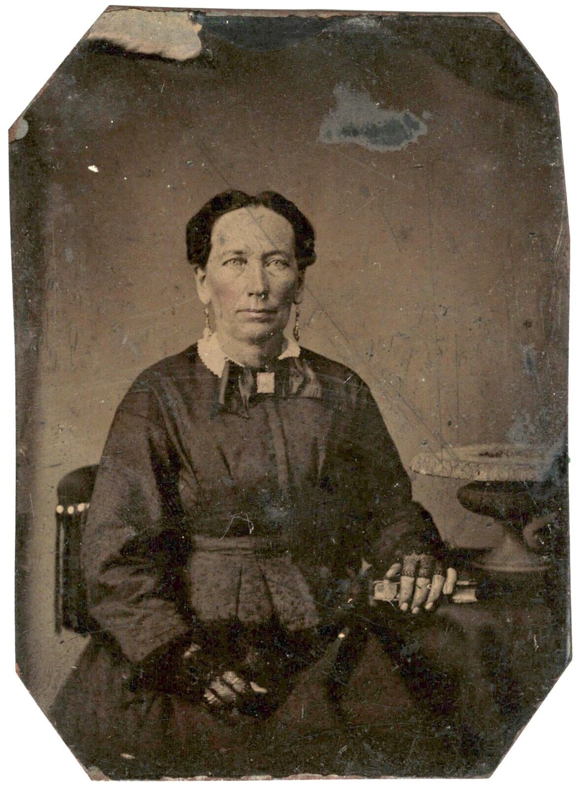 Tintype of Middle Aged Lady with her Bible 1800s Wearing Earrings Rosy Cheeks