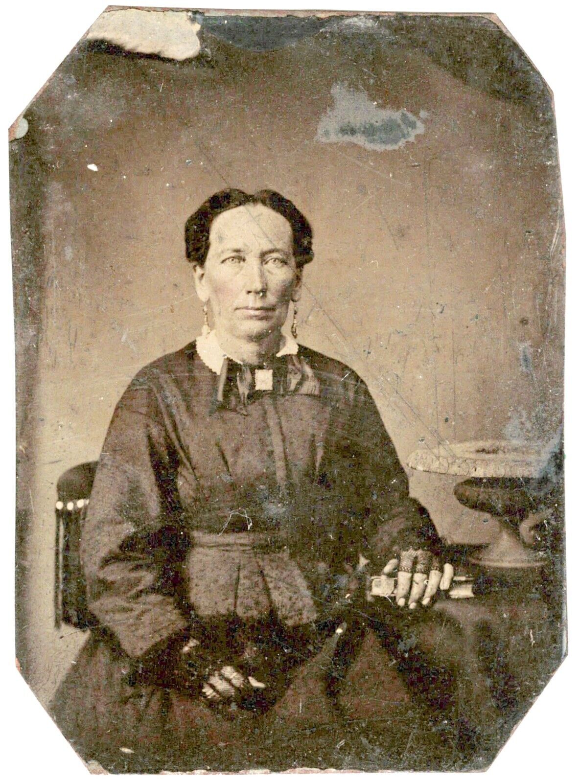 Tintype of Middle Aged Lady with her Bible 1800s Wearing Earrings Rosy Cheeks