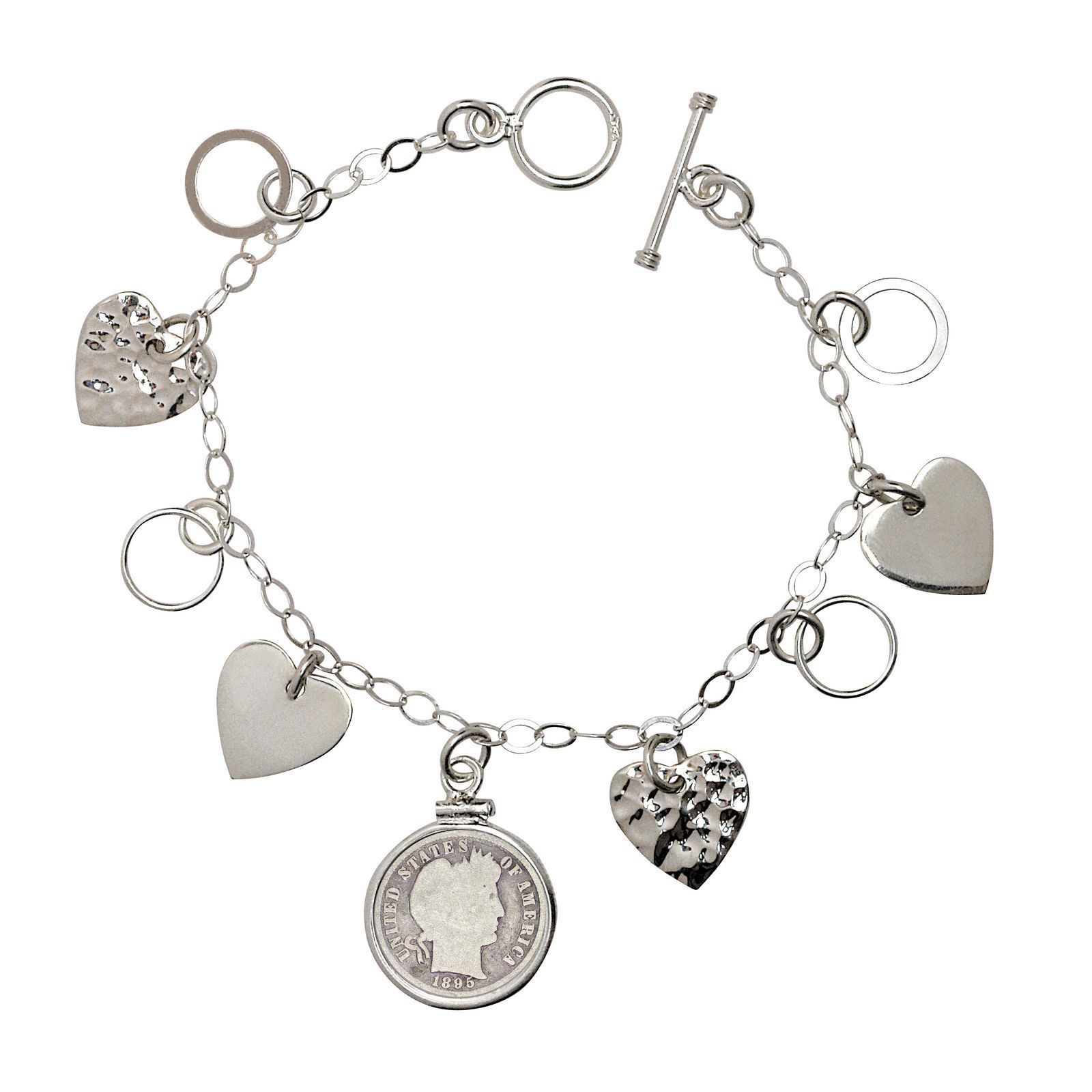 NEW Heart Charm Sterling Silver Coin Bracelet 1800s Silver Barber Dime 13670