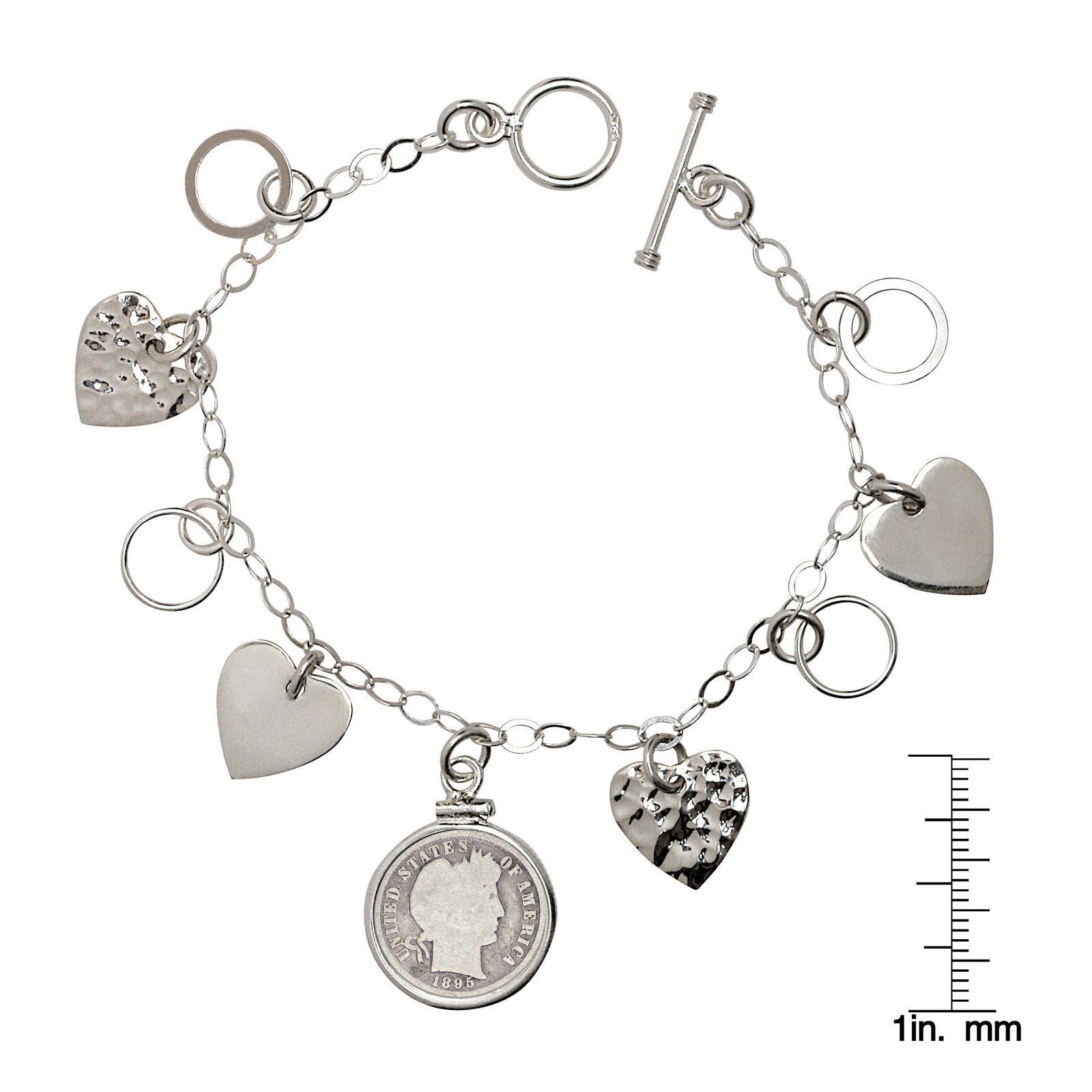 NEW Heart Charm Sterling Silver Coin Bracelet 1800s Silver Barber Dime 13670