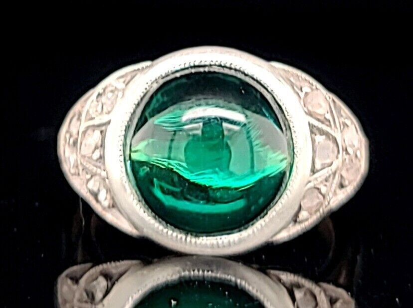 4.02ct. Georgian emerald ring rose cut diamond 14k & silver circ 1800's