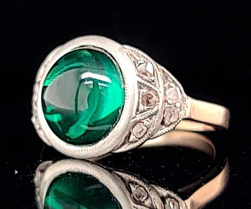 4.02ct. Georgian emerald ring rose cut diamond  14k & silver circ 1800's 