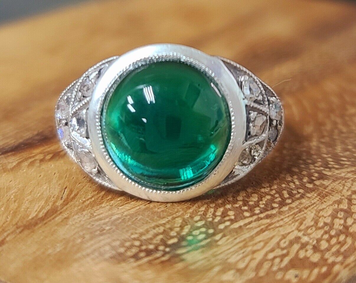 4.02ct. Georgian emerald ring rose cut diamond  14k & silver circ 1800's 