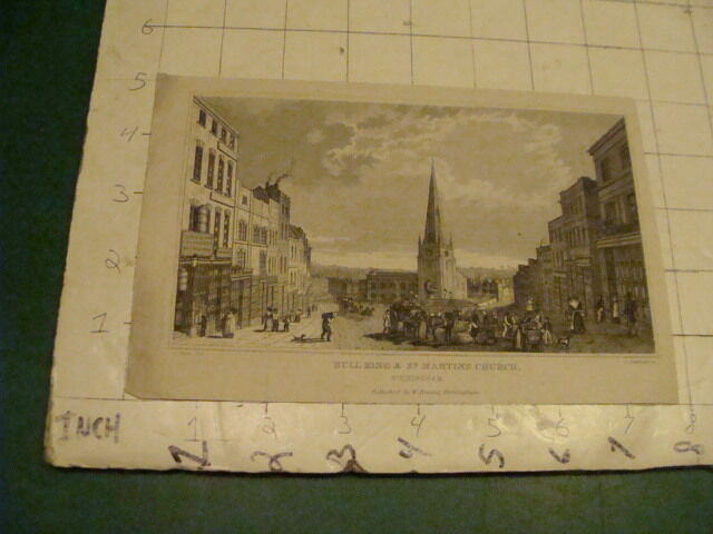 Original Print: 1700's or 1800's - BULL RING & St. MARTINS CHURCH birmingham 