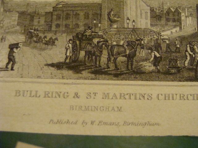 Original Print: 1700's or 1800's - BULL RING & St. MARTINS CHURCH birmingham 