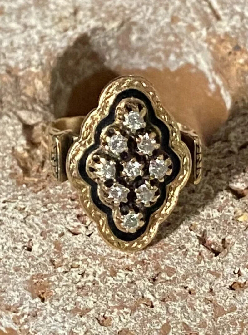 Early 1900's 14k Yellow Gold Victorian Diamond and Enamel Ring Size 5.75 6.75gr